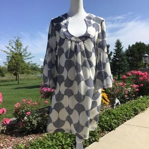 Trina Turk "Bonita" Blue White Print Dress with Bell Sleeve sz 2 MSRP $248.